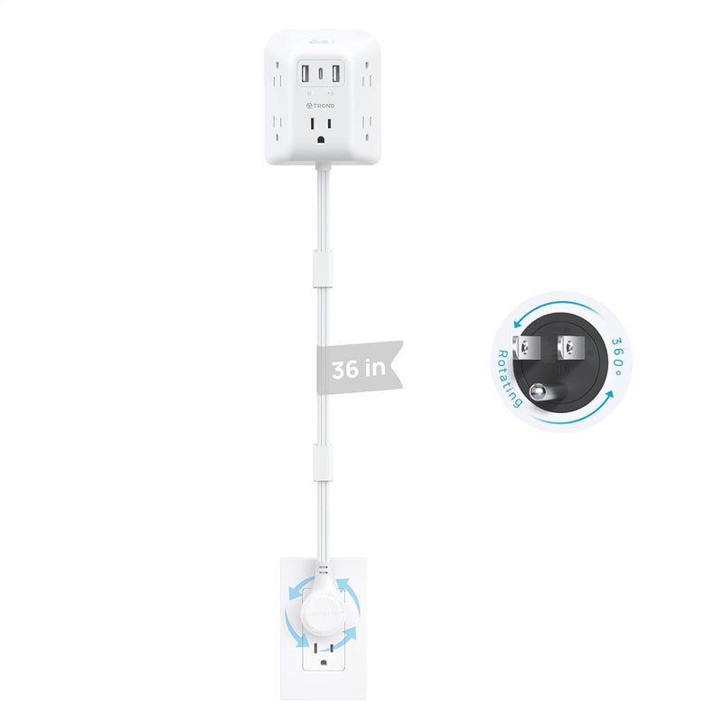 TROND موسع مخرج قابس دوار 360° - سلك تمديد 36 بوصة، محول حائط متعدد القابس مع 3 منافذ USB (1 منفذ USB C)، لتوسيع مقبس الطاقة الذي يصعب الوصول إليه، استخدمه خلف الأرائك، الطاولات الجانبية، المكاتب - Image 1